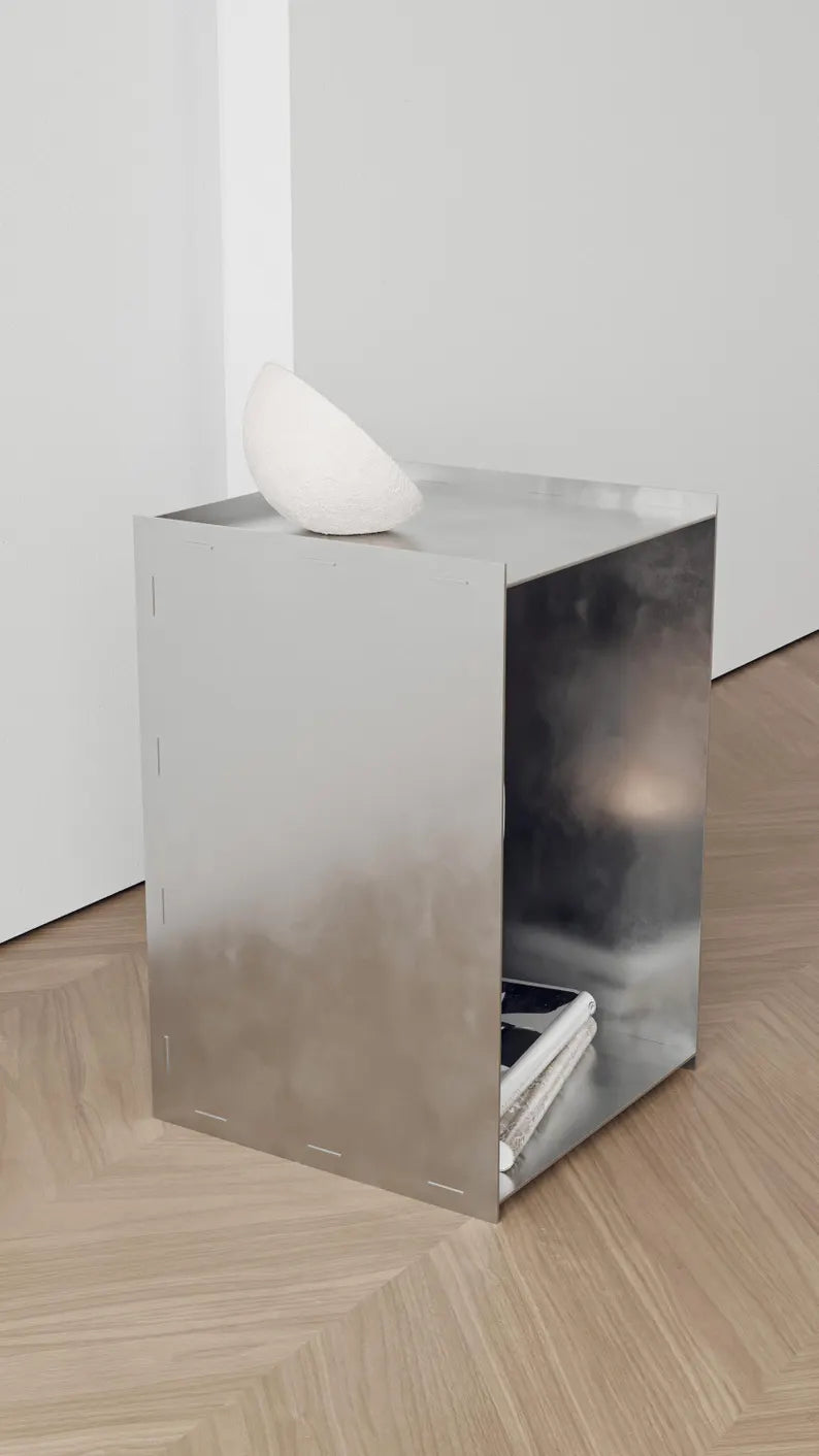 Modern minimalist metal table. Steel shelf. Aluminium bookcacase. Stainless steel nightstand. Loft style furniture. Modern metal home decor.